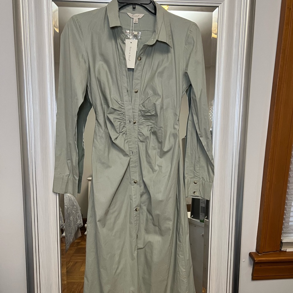 Sim and Sam, khaki color button down knee length dress, long sleeve, size medium
